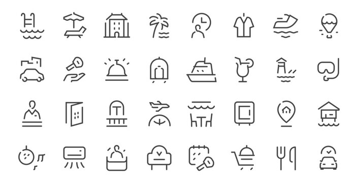 Travel and tourism line icons set with hotel, beach, cruise and vacation symbols