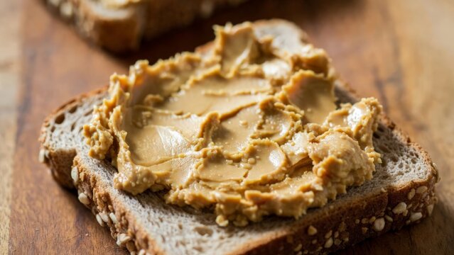Creamy peanut butter on multigrain bread slice.