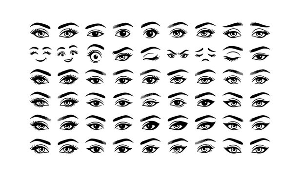 Black And White Female Eyes Collection With Different Shapes And Eyebrow Styles Vector Set