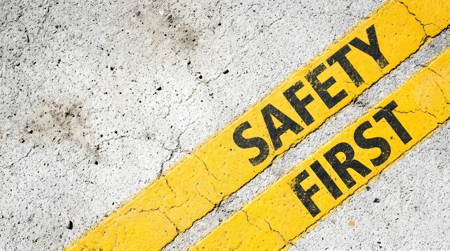 Safety first text painted on a cracked yellow road line