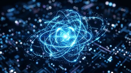 Obraz premium Abstract futuristic digital atom model glowing with blue energy.