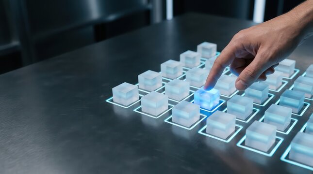 Secure data segmentation background with human hand selecting glowing acrylic cube grid on metallic table for technology header and business copy space