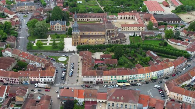 Panoramic aerial view around the old town of the city La Porte du Der in France on a sunny spring day