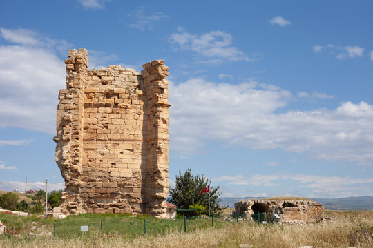Aya Tekla Ancient Stone Wall Ruins With Turkish Flag
