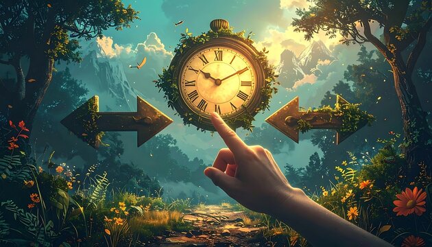 Magical clock floats above path, arrows point left & right, touched by a hand in sunlit forest scene