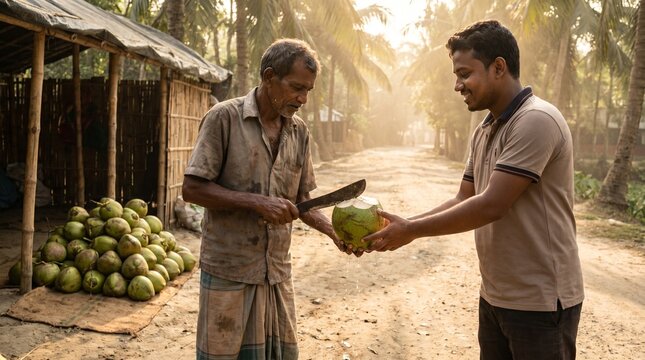 Rural Bangladesh roadside scene: Elderly man slicing a fresh green coconut for a customer, tropical lifestyle, Cocos nucifera, traditional agriculture, authentic village life.