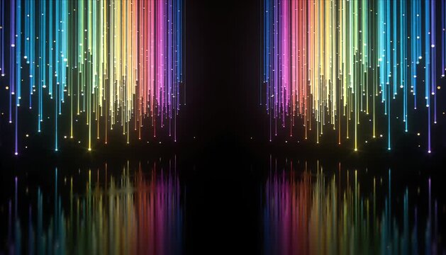 Neon light background abstract vertical line glowing rainbow color digital rain reflection water dark room futuristic symmetry vibrant particle motion fantasy mood streak colorful reflective floor