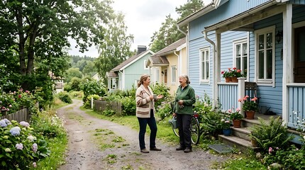 Fototapeta premium Two Women Chatting Outside Colorful Cottages in a Lush Village Garden