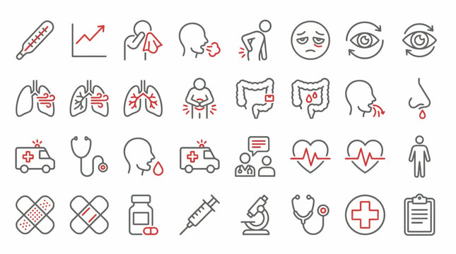 Medical health icons vector set featuring symptoms, organs, and healthcare symbols including thermometer, lungs, stomach, heart, brain, tooth, and stethoscope for hospital and wellness design