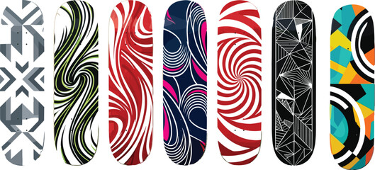 Vector illustration set of seven skateboard decks with colorful abstract, geometric, and optical swirl graphic designs © SHANJIDA