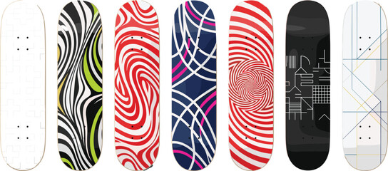 Vector illustration set of seven skateboard decks with modern geometric, optical illusion, and abstract graphic designs © SHANJIDA