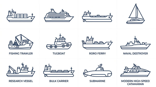 Various Types of Ships and Watercraft Illustrations
