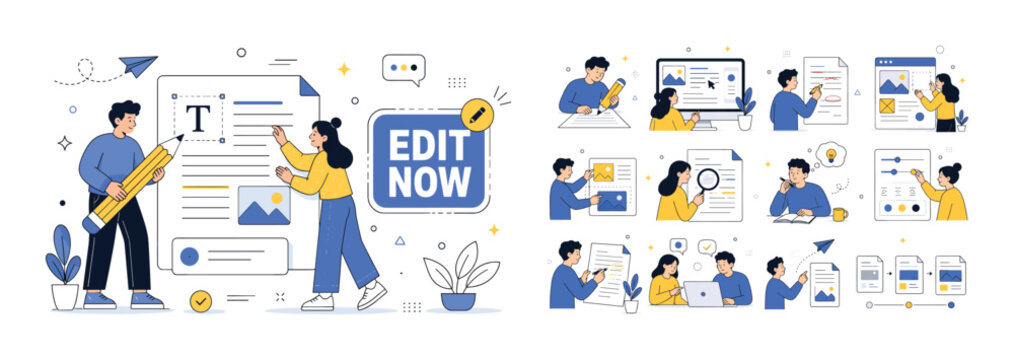 Edit Content Creation. Banner showing person editing document with oversized pencil and second character adjusting text layout, small elements like lines, shapes, dots near edges, bold uppercase text