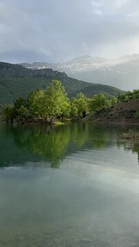 Breathtaking view of a mountain lake on a sunny summer day