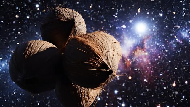 Coconuts Floating in Deep Space Amongst Stars and Nebulae.