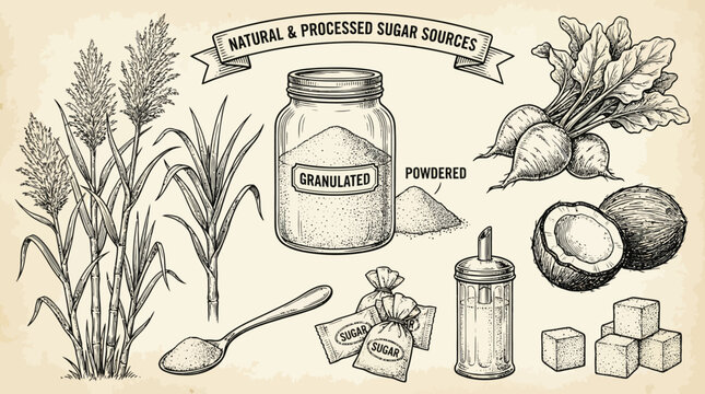 Detailed vintage illustration of natural and refined sugar sources vector, including sugarcane, beet, coconut, cubes, syrup, and granulated sugar for educational and commercial design use