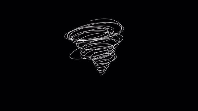 Tornado line art concept and swirling storm, seamless looping animation with alpha channel. White line art animation of a swirling tornado vortex representing chaos, heavy storm, and destruction.
