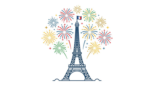 Eiffel Tower in Paris with colorful fireworks display.