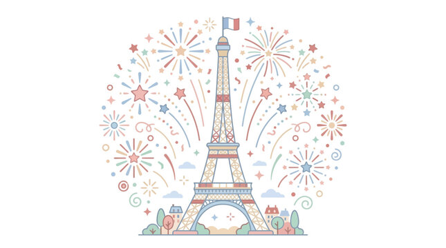 Eiffel Tower in Paris with festive fireworks celebration illustration.