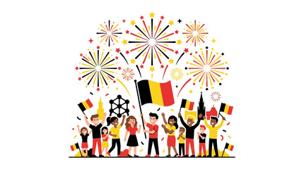 Obraz premium Diverse Group of People Celebrating Belgium National Day with Flags and Fireworks.