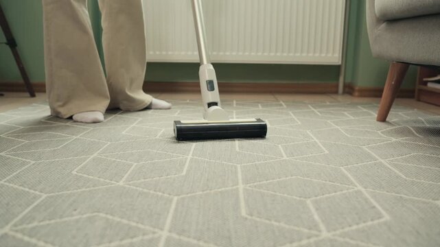 Young woman using cordless vacuum cleaner to clean carpet in living room during regular household cleaning routine at home