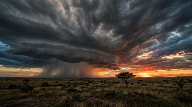 Dramatic Supercell Storm Cloud Over African Savanna Landscape at Sunset