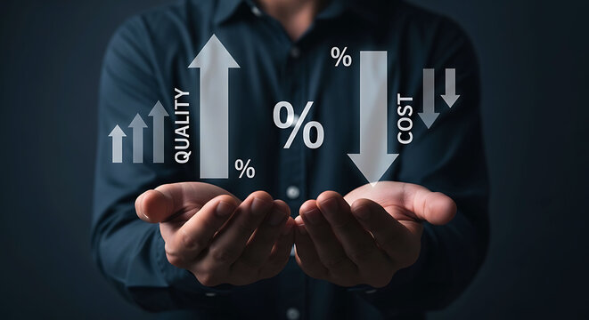 Businessman holding graphics showing increase in quality and decrease in cost