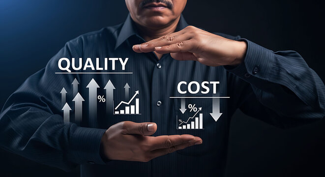 Businessman holding graphics showing increase in quality and decrease in cost