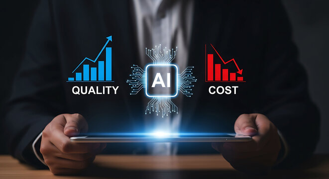 Business person using AI to increase quality and reduce cost in business