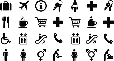 Public Airport Navigation Icon Set with Restroom Elevator Phone Shopping and Medical Signage Silhouette Elements © MdAungur