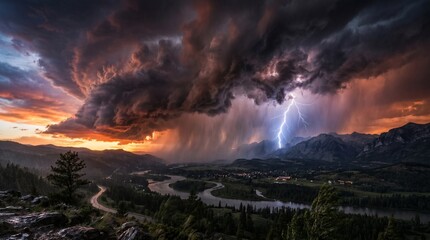 Fototapeta premium Dramatic Supercell Storm Clouds Over Mountain Valley Landscape at Sunset with Lightning