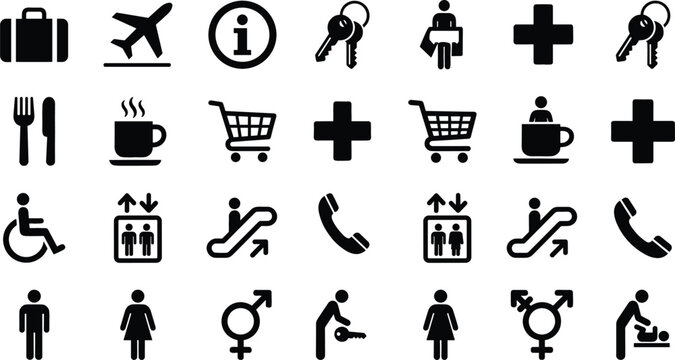Public Airport Navigation Icon Set with Restroom Elevator Phone Shopping and Medical Signage Silhouette Elements