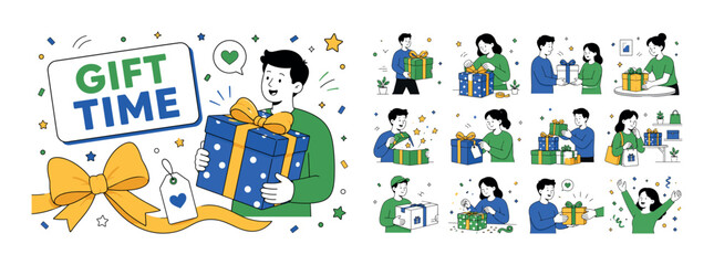 Fototapeta premium Gift Present Symbol. Clean editorial banner with one main celebration scene: a geometric character holding an oversized wrapped gift box beside a large ribbon bow, with small stars, confetti dots, tag