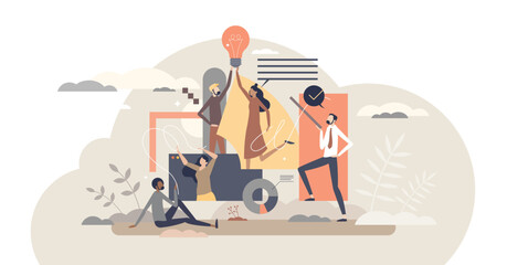 Teamwork creativity and new innovative idea development tiny person concept, transparent background. Collaboration and partnership for high efficiency and better outcome illustration. © VectorMine