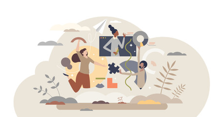 Teamwork creativity and collaboration for high efficiency project development tiny person concept, transparent background. Team with colleagues working together for corporate solution illustration. © VectorMine