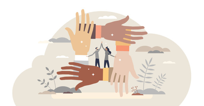 Solidarity and unity as connect multiracial people hands tiny person concept, transparent background. Teamwork and social connection or bonding as international collaboration and support illustration.