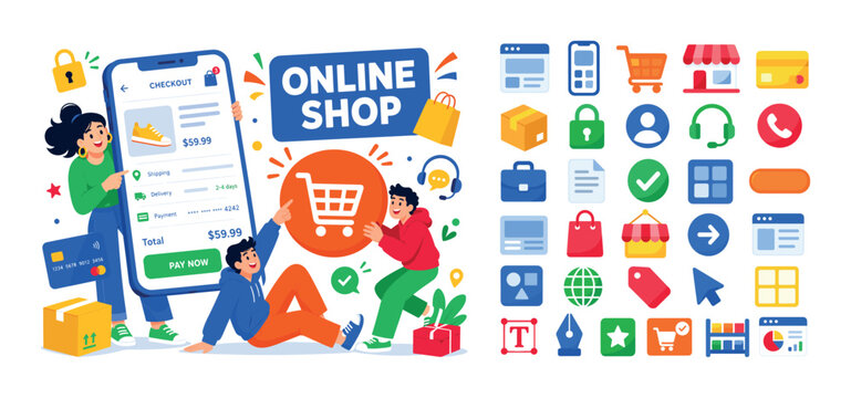 UI Ecommerce Interface banner, lively flat vector banner scene about website user interface and ecommerce app controls with 3 expressive stylized human characters interacting with one oversized mobile