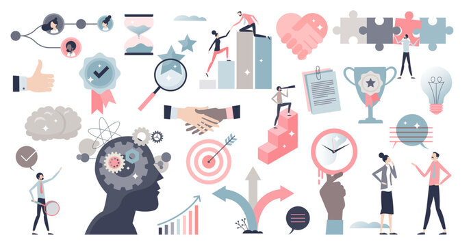 Soft skills set with ability or competence for career outline collection, transparent background. Items with leader characteristics and abilities illustration.