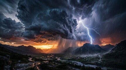 Fototapeta premium Dramatic Lightning Strike and Massive Supercell Storm Clouds Over Mountain Landscape at Sunset