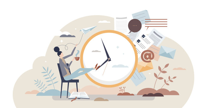Procrastination and job duty delay or useless postpone tiny person concept, transparent background.Lazy employee without productivity or effective work illustration.