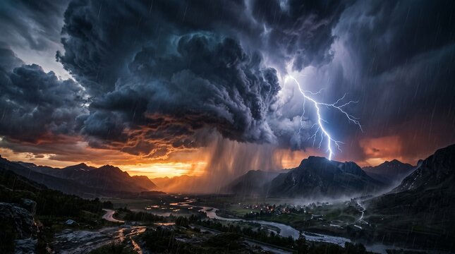 Dramatic Lightning Strike and Massive Supercell Storm Clouds Over Mountain Landscape at Sunset