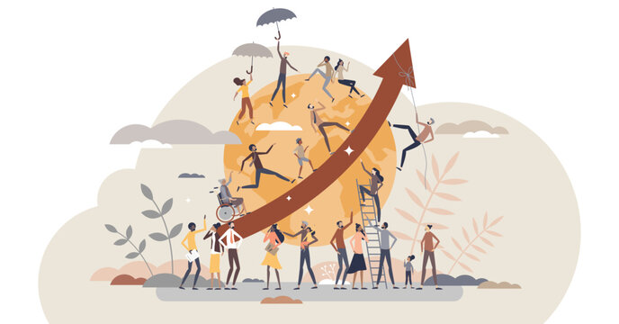 Overpopulation and human crowd density growth on earth tiny person concept, transparent background. People count development and volume rising as demography statistics measurement illustration.