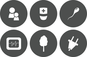 Fototapeta premium Collection of medical and health icons including family doctor sperm EKG tree and plug flat vector symbols for healthcare and technology concepts isolated on dark grey