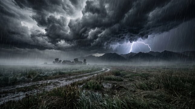 Dramatic Heavy Rain and Lightning Strike Over Dark Rural Landscape with Mountains