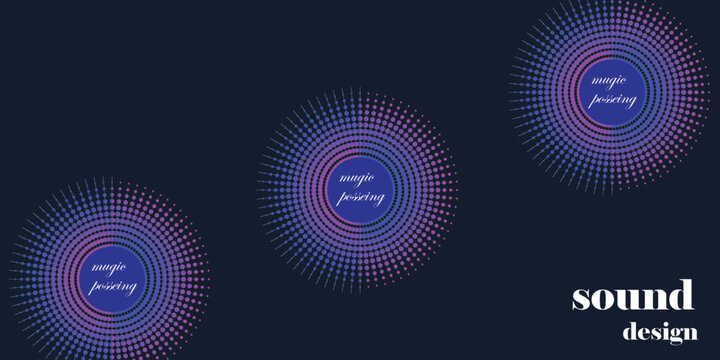 Three colorful circular patterns with sound design text on a dark background