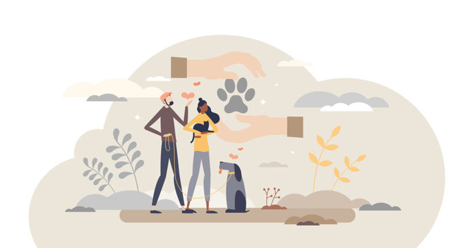 Adopting pet as giving homeless dog or cat shelter home tiny person concept, transparent background. Animal protection and loving by family or couple illustration. Take care about lost kittens.