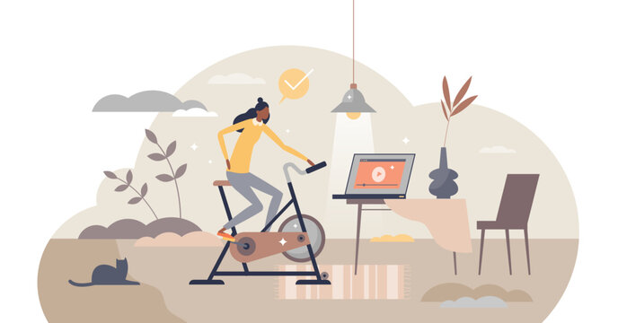 Stationary bicycle and indoor cycling activity trainer tiny person concept, transparent background. Female sport equipment for cardio workout illustration. Bike training exercise as fitness.