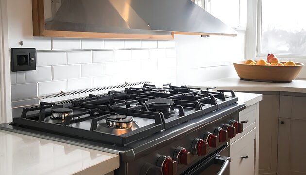 A kitchen stove with a bowl of fruit on the counter
