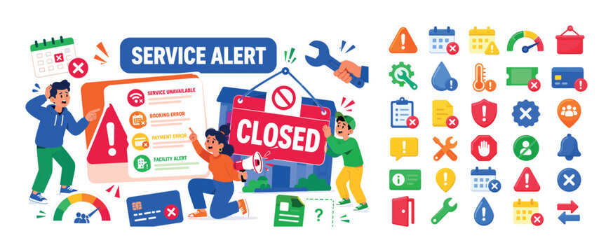Service Error Status banner, lively flat vector banner scene about unavailable services, booking errors, and facility alerts with 3 expressive stylized human characters interacting with one oversized