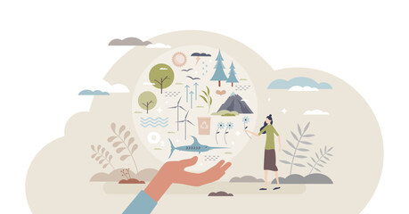 Obraz premium Biodiversity in nature as environment variety protection tiny person concept, transparent background. Saving wildlife ecosystem with resources recycling, alternative energy.